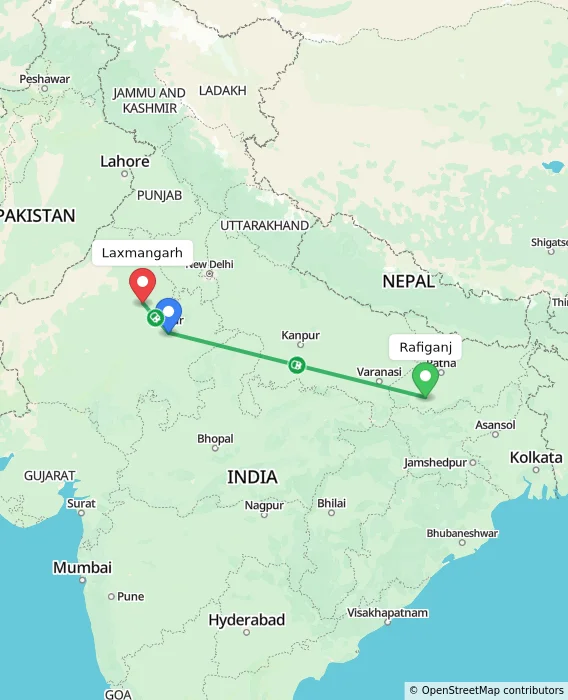 Route map showing distance and travel time from Rafiganj, India to Laxmangarh, India