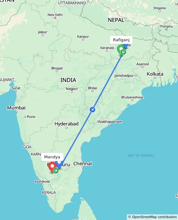 Route map showing distance and travel time from Rafiganj, India to Mandya, India