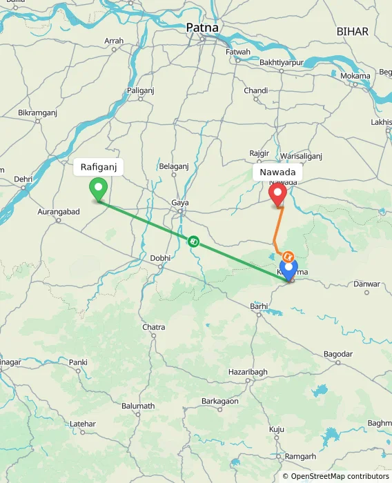 Route map showing distance and travel time from Rafiganj, India to Nawada, India