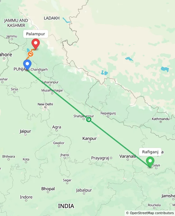Route map showing distance and travel time from Rafiganj, India to Palampur, India