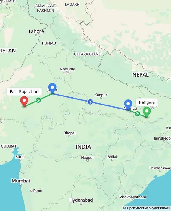 Route map showing distance and travel time from Rafiganj, India to Pali, Rajasthan, India