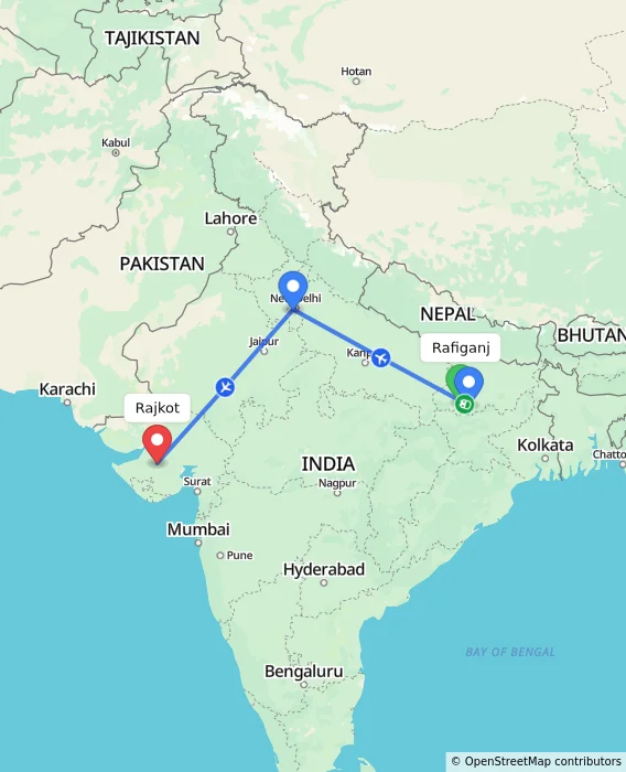 Route map showing distance and travel time from Rafiganj, India to Rajkot, India