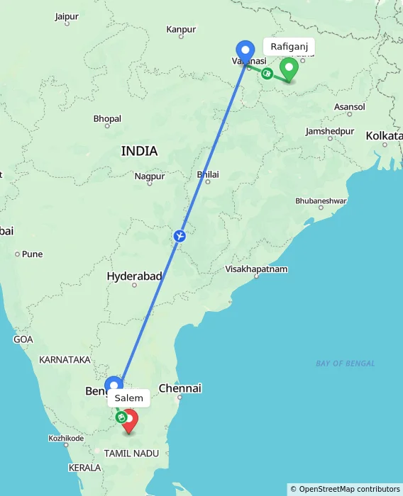 Route map showing distance and travel time from Rafiganj, India to Salem, India