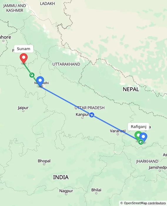 Route map showing distance and travel time from Rafiganj, India to Sunam, India