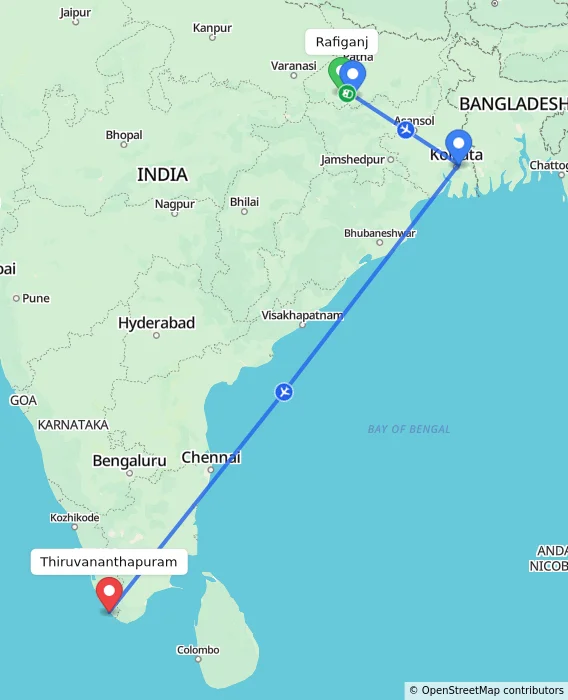 Route map showing distance and travel time from Rafiganj, India to Thiruvananthapuram, India