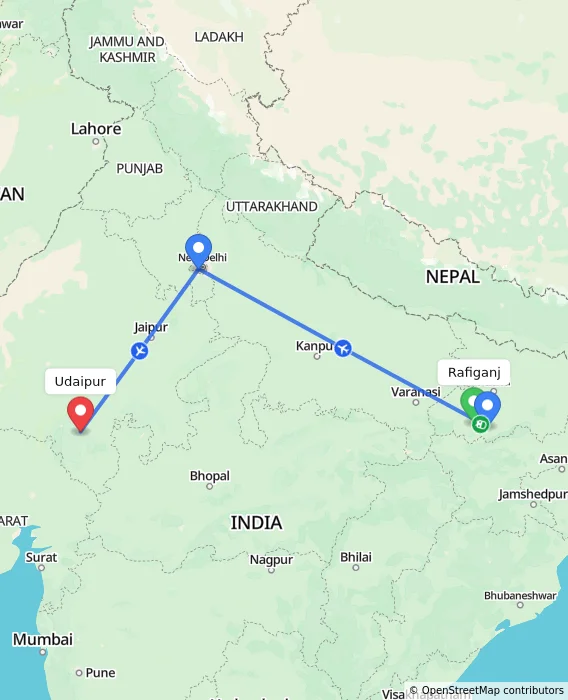 Route map showing distance and travel time from Rafiganj, India to Udaipur, India