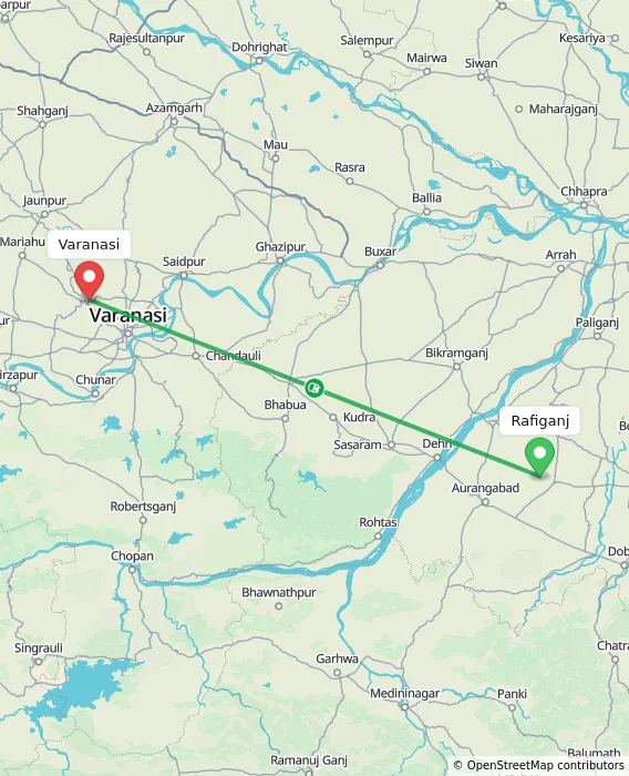 Route map showing distance and travel time from Rafiganj, India to Varanasi, India