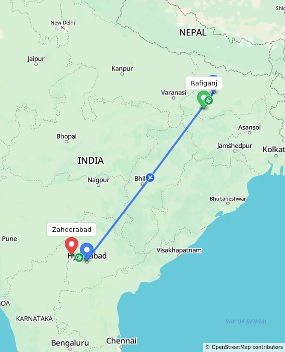 Route map showing distance and travel time from Rafiganj, India to Zaheerabad, India