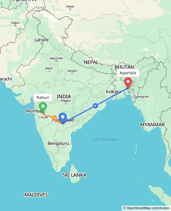 Route map showing distance and travel time from Rahuri, India to Agartala, India