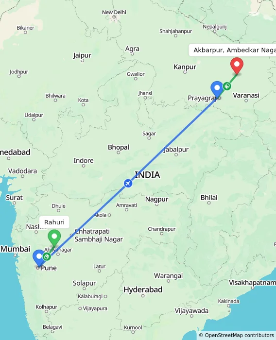 Route map showing distance and travel time from Rahuri, India to Akbarpur, Ambedkar Nagar, India
