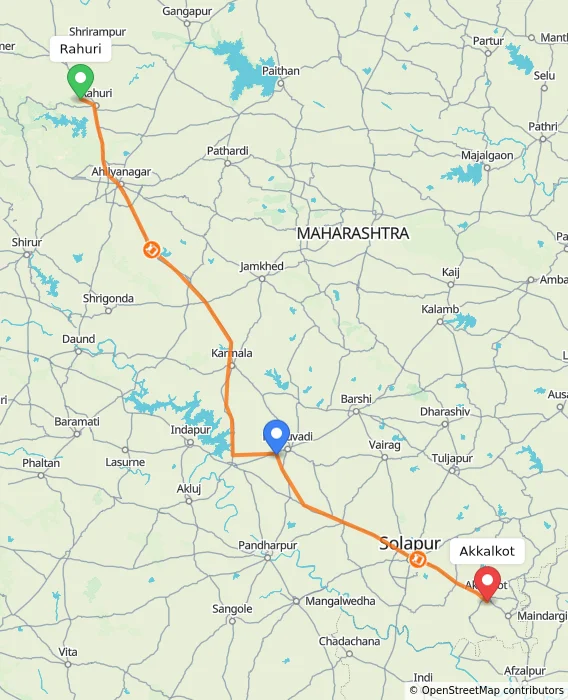 Route map showing distance and travel time from Rahuri, India to Akkalkot, India