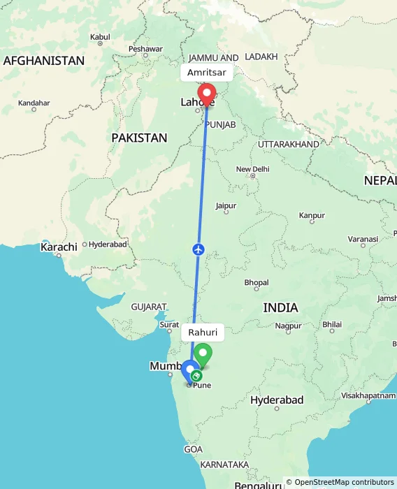 Route map showing distance and travel time from Rahuri, India to Amritsar, India