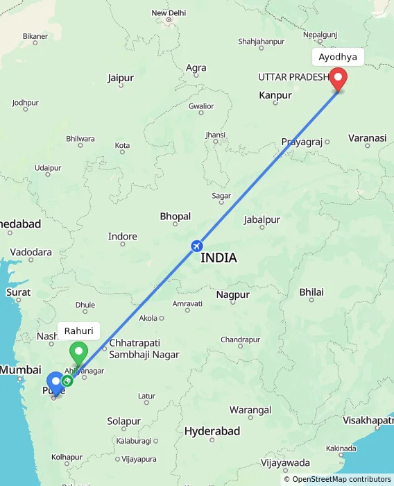 Route map showing distance and travel time from Rahuri, India to Ayodhya, India