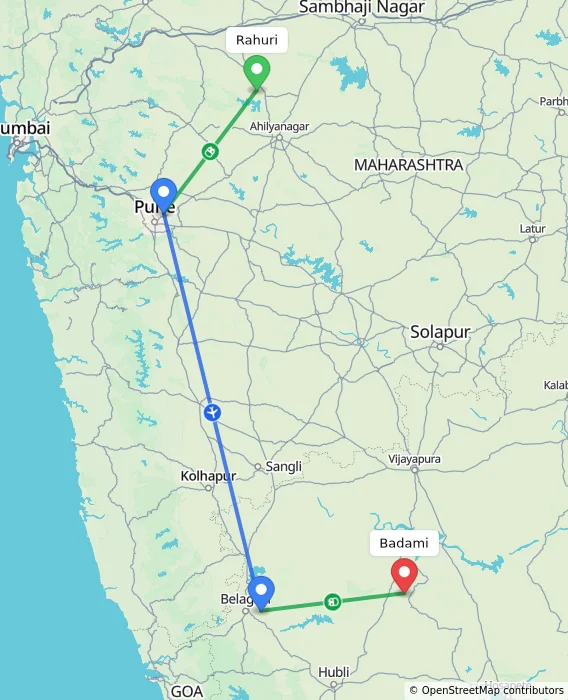 Route map showing distance and travel time from Rahuri, India to Badami, India
