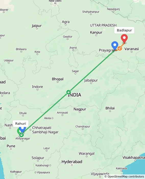 Route map showing distance and travel time from Rahuri, India to Badlapur, India