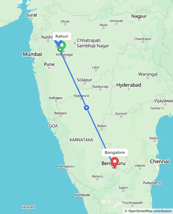 Route map showing distance and travel time from Rahuri, India to Bangalore, India
