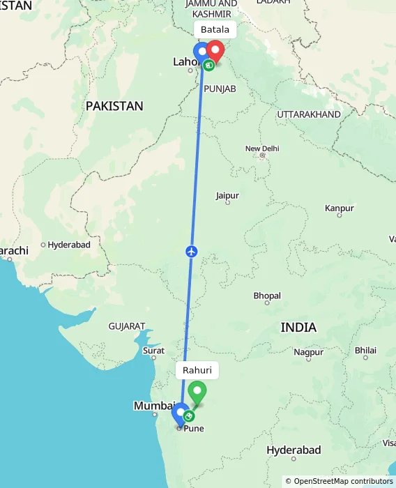 Route map showing distance and travel time from Rahuri, India to Batala, India