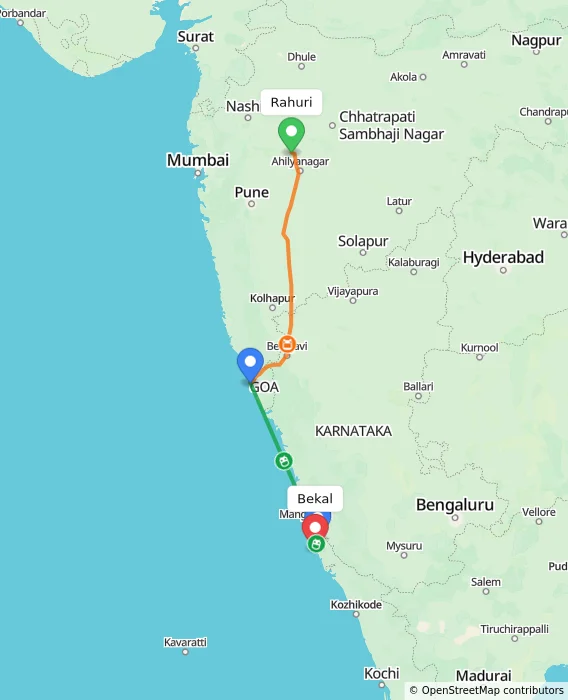 Route map showing distance and travel time from Rahuri, India to Bekal, India