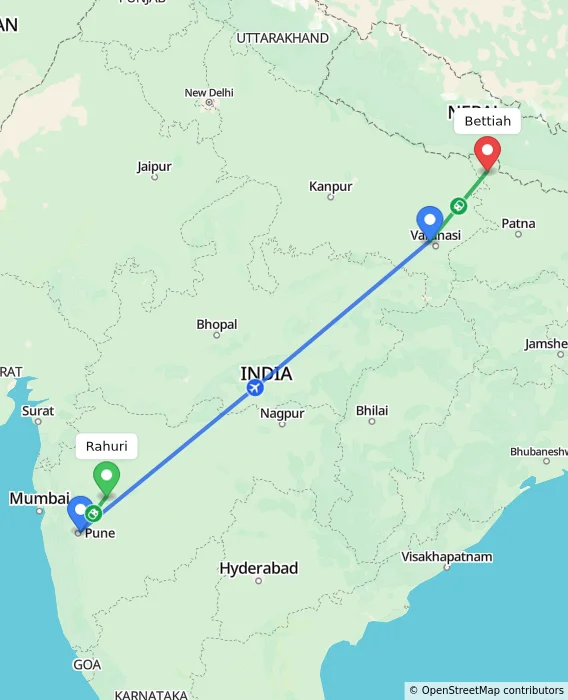 Route map showing distance and travel time from Rahuri, India to Bettiah, India