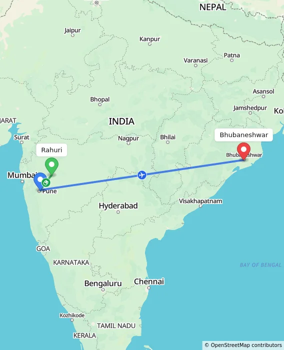 Route map showing distance and travel time from Rahuri, India to Bhubaneshwar, India