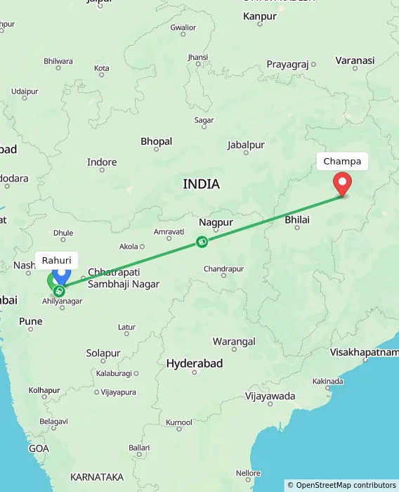 Route map showing distance and travel time from Rahuri, India to Champa, India