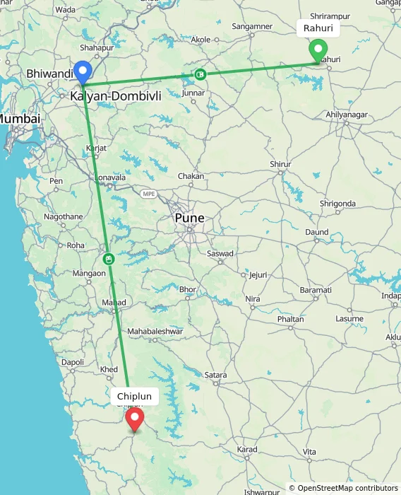 Route map showing distance and travel time from Rahuri, India to Chiplun, India