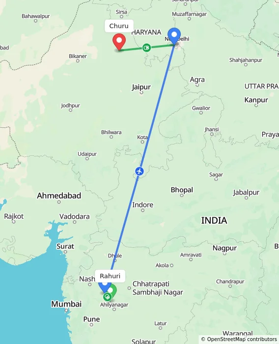 Route map showing distance and travel time from Rahuri, India to Churu, India