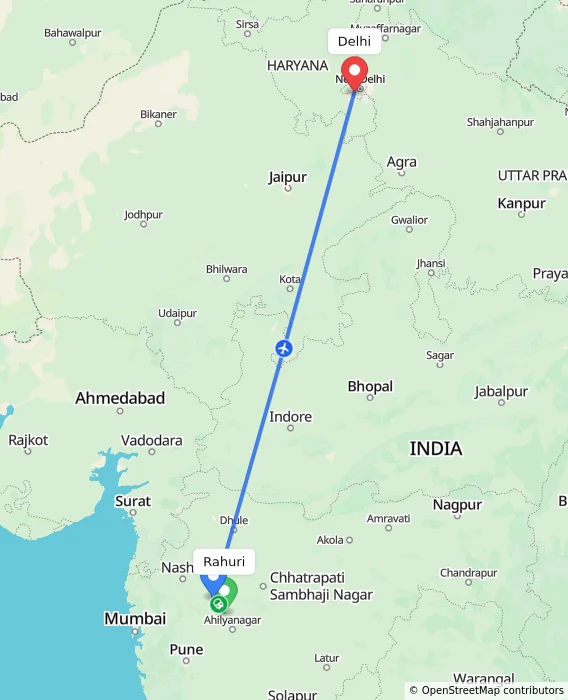 Route map showing distance and travel time from Rahuri, India to Delhi, India