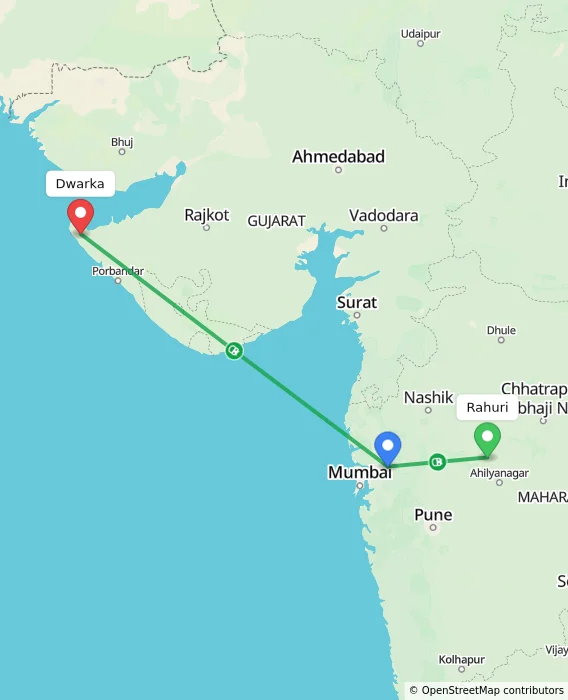 Route map showing distance and travel time from Rahuri, India to Dwarka, India
