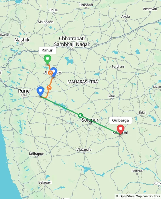 Route map showing distance and travel time from Rahuri, India to Gulbarga, India