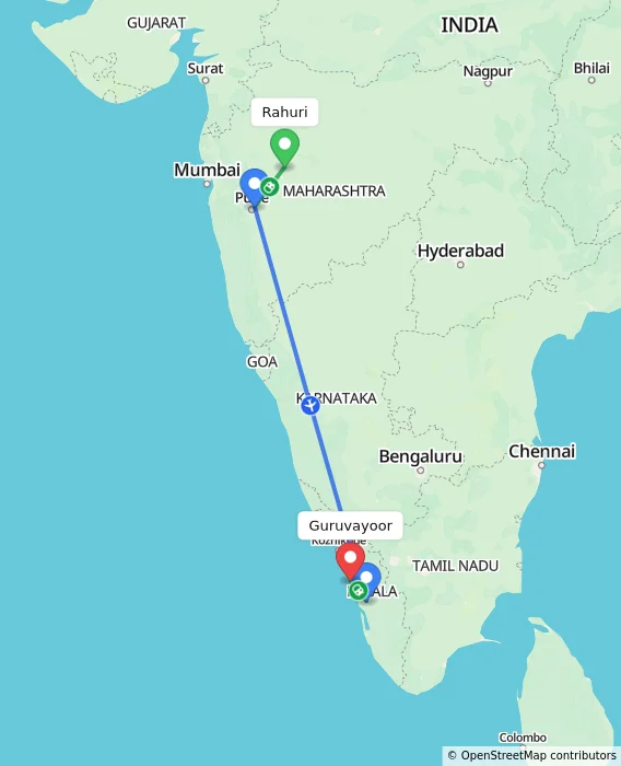 Route map showing distance and travel time from Rahuri, India to Guruvayoor, India