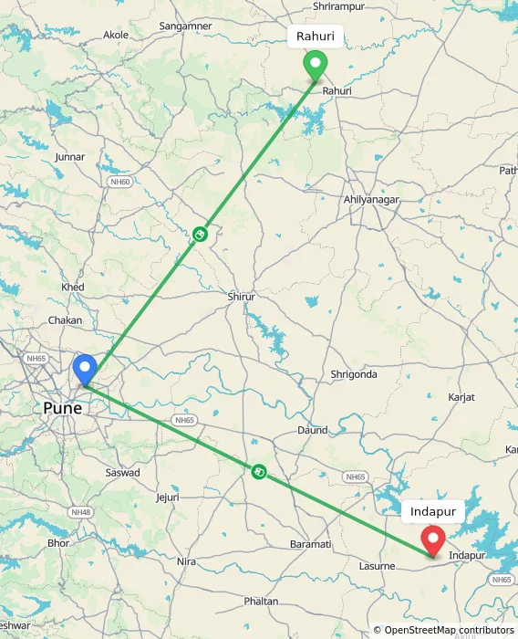 Route map showing distance and travel time from Rahuri, India to Indapur, India