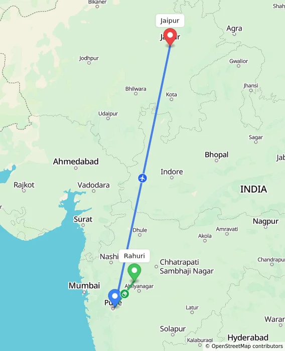 Route map showing distance and travel time from Rahuri, India to Jaipur, India