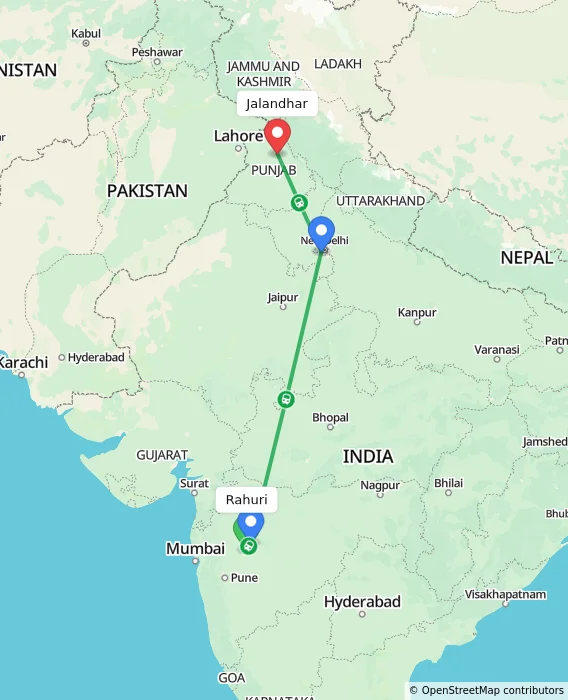 Route map showing distance and travel time from Rahuri, India to Jalandhar, India