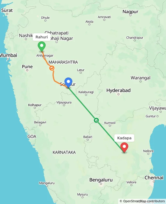 Route map showing distance and travel time from Rahuri, India to Kadapa, India