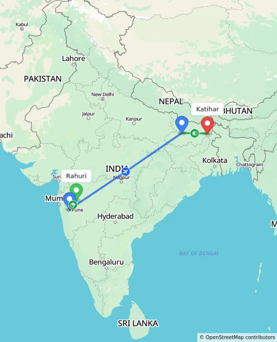 Route map showing distance and travel time from Rahuri, India to Katihar, India