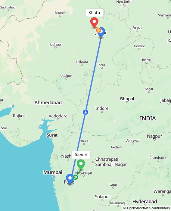 Route map showing distance and travel time from Rahuri, India to Khatu, India