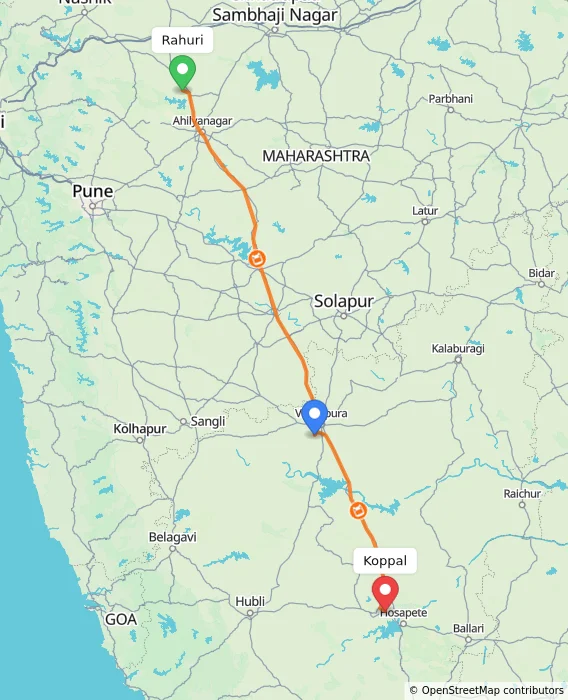 Route map showing distance and travel time from Rahuri, India to Koppal, India