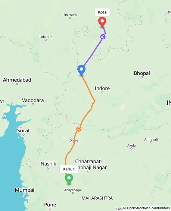 Route map showing distance and travel time from Rahuri, India to Kota, India