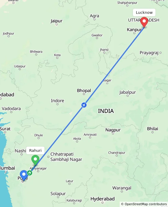 Route map showing distance and travel time from Rahuri, India to Lucknow, India