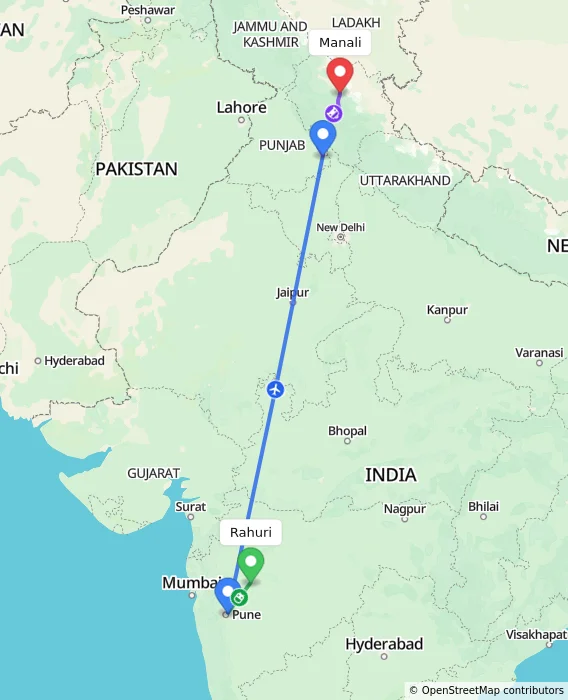 Route map showing distance and travel time from Rahuri, India to Manali, India