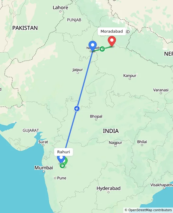 Route map showing distance and travel time from Rahuri, India to Moradabad, India