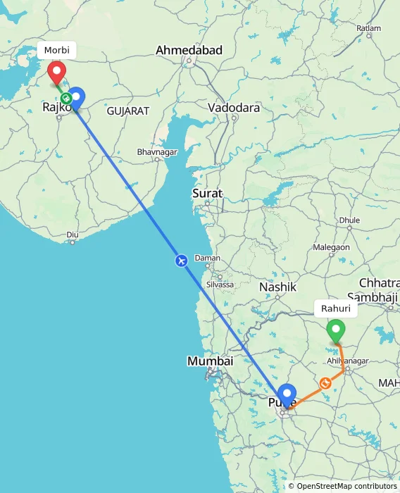 Route map showing distance and travel time from Rahuri, India to Morbi, India