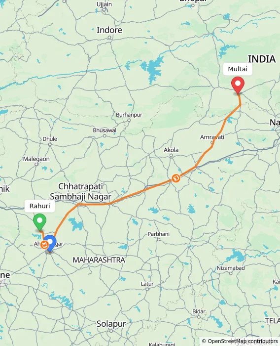 Route map showing distance and travel time from Rahuri, India to Multai, India