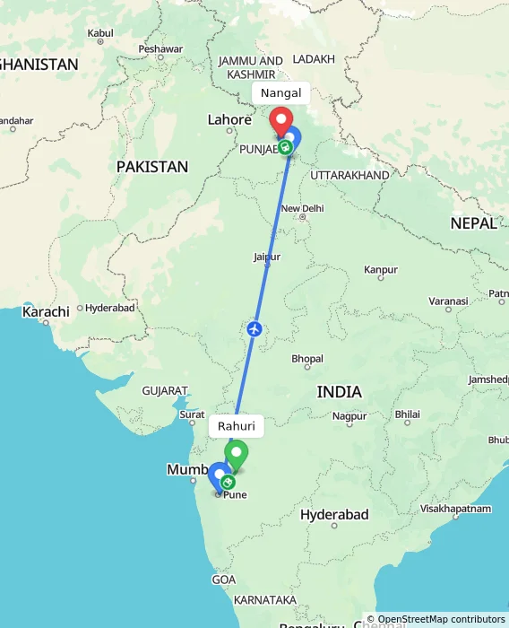 Route map showing distance and travel time from Rahuri, India to Nangal, India