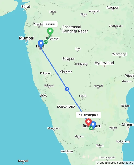 Route map showing distance and travel time from Rahuri, India to Nelamangala, India