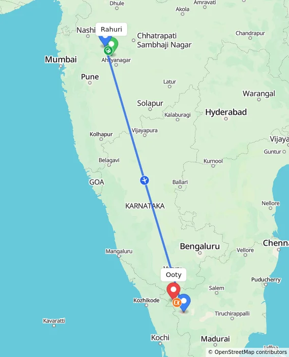 Route map showing distance and travel time from Rahuri, India to Ooty, India