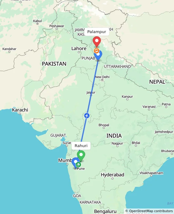 Route map showing distance and travel time from Rahuri, India to Palampur, India