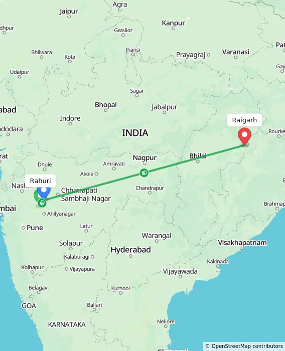 Route map showing distance and travel time from Rahuri, India to Raigarh, India