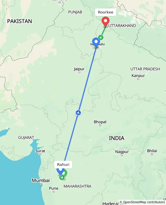 Route map showing distance and travel time from Rahuri, India to Roorkee, India